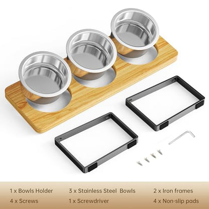 Elevated Cat Bowls with 3 Stainless Steel Bowls | 10° Tilted Anti-Vomiting Raised Cat Food Bowl for Small Cats and Puppies Pet Bowl with Stand - color: Bamboo