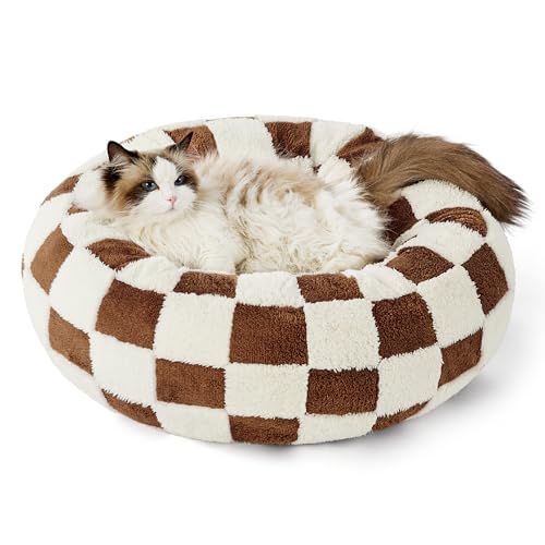 LE SURE Donut Cat Beds for Indoor Cats - Gift for Pets with Washable Cover, Cute Modern Puppy Beds with Jacquard Shaggy Plush & Anti Slip Bottom, 20 Inch, Brown - color: Brown Checks, size: 20.0"L x 20.0"W x 6.0"Th