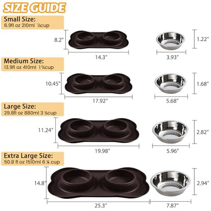 Hubulk Pet Dog Bowls 2 Stainless Steel Dog Bowl with No Spill Non-Skid Silicone Mat + Pet Food Scoop Water and Food Feeder Bowls for Feeding Small Medium Large Dogs Cats Puppies (Medium, Chocolate) - color: Chocolate, size: Medium