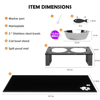 Elevated Cat Bowls with Splash Proof Mat for Kitten Puppy, 10° Tilted Raised Cat Bowl Stand Anti-Vomiting, 2 Wide Shallow Stainless Steel Bowls, Whisker Friendly, 3.5" Tall - color: Black-2bowls