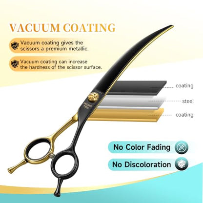 45° Super Curved Dog Grooming Scissors 7.5" | 440C Stainless Steel, CNC, Big Arc Curved, Sharp and Durable, Professional Groomers，Black & Gold，Adjustable Screw