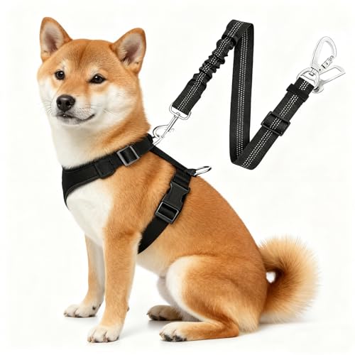 Dog Car Seat Belt Harness - Adjustable Mesh Breathable Safety Tether with Elastic Bungee for Small Medium Large Pets (M) - size: M