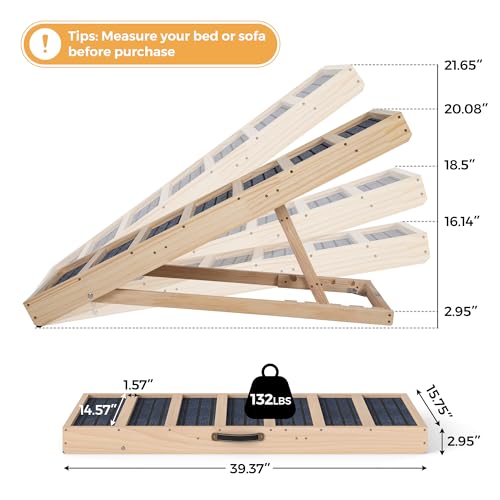 Adjustable Wooden Dog Ramp for Bed and Couch - 39" Folding Pet Ramp with 4 Heights and Non-Slip Safety Rails for 132lbs Small, Medium, and Senior Dogs - size: 39"L