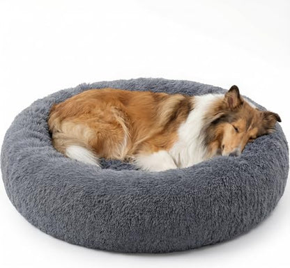 SAVFOX 36 inches Calming Donut Dog Bed - 3X Durable Plush Faux Fur, Machine Washable & Non-Slip, Fits up to 100 lbs, Dark Grey - color: Dark Grey, size: Large | 36"x36"