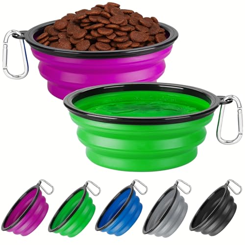 Collapsible Dog Bowl Large 2 Pack, Dog Water Bowls for Travels, Portable Foldable Pet Bowls Feeding Watering Dish for Parking Walking Camping with 2 Carabiners Clip (34oz, Large,Green+Purple) - color: Green+Purple, size: Large
