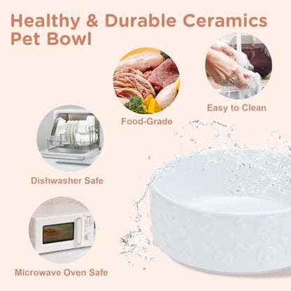 SPUNKYJUNKY Elevated Dog Bowls Ceramic, 5.1'' Dogs and Cat Food Water Bowls Raised with Non-Slip Bamboo Stand for Puppy Small Sized Breed Microwave Dishwasher Safe - 13.5 OZ,Skull White - color: White - Skull, size: 5.1 in - 1.7 cups