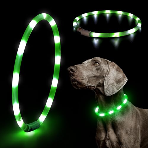 LED Dog Collar - HIGO Light Up Dog Collars Glow in the Dark, USB Rechargeable LED Dog Necklace Light for Your Dogs Walking at Night (Green-Silicone) - color: Green-Silicone