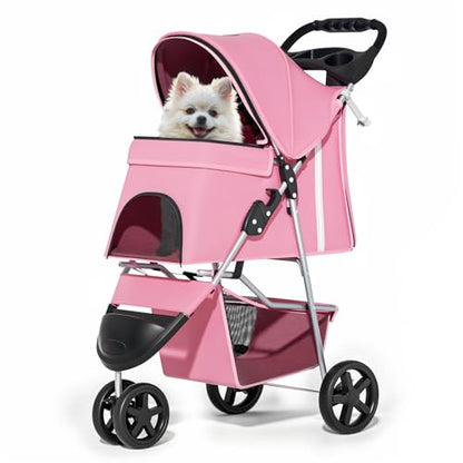 MoNiBloom 3-Wheels Foldable Pet Stroller with Waterproof Cover, Pet Strolling Cart for Small/Medium Dogs and Cats with Storage Basket and Cup Holder, Breathable and Visible Mesh for All-Season, Pink - color: Pink
