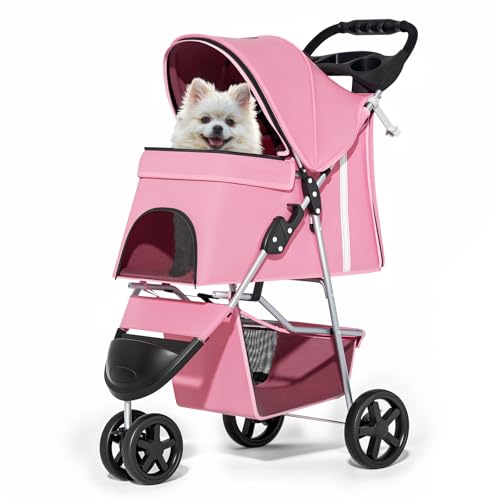 MoNiBloom 3-Wheels Foldable Pet Stroller with Waterproof Cover, Pet Strolling Cart for Small/Medium Dogs and Cats with Storage Basket and Cup Holder, Breathable and Visible Mesh for All-Season, Pink - color: Pink