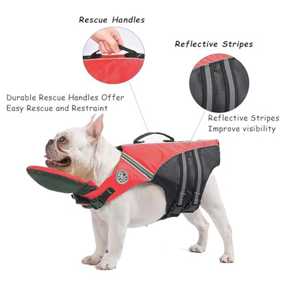 Dog Life Jacket, French Bulldog Life Vest for Swimming Boating, Dog Swim Vest with Chin Float and Rescue Handle, High Flotation Puppy Life Jackets (Chest Girth: 17" to 30", Weight: 17" to 28" LB) - color: Bright Red