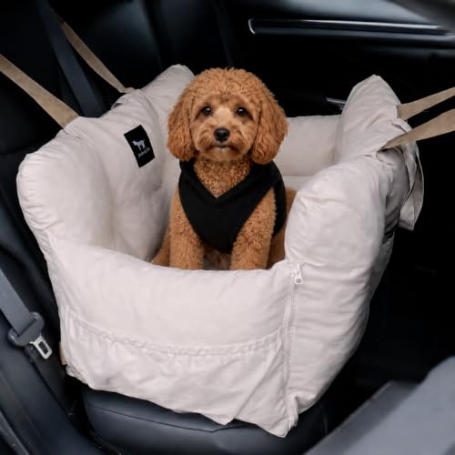 JACKO & CO - Premium Dog Car Seat Bed V2 for Small & Medium Pets Under 40lbs - Water Resistant, Machine Washable, Removable Covers, Clip-On Leash for Back Seat Use (Ultra Prem, Beige Medium 25-45lbs) - color: Beige, size: Removable - Medium (25-40lbs)