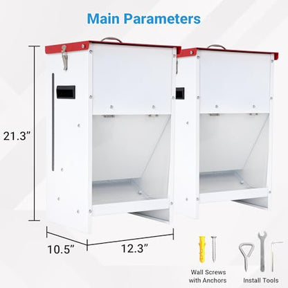 Metal Automatic Dog Feeder 2-Pack- 25LBS Food Capacity Automatic Gravity Dispenser, Powder Coated & Waterproof for Indoor & Outdoor Use, 12.3" L x 10.5" W x 21.3" H, Red and White - size: 25 Pounds - 2 PCS