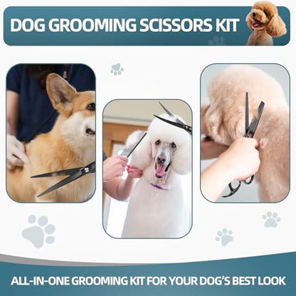 7.0" Professional Dog Grooming Scissors Kit – 3-Piece Set with Straight, Curved & Thinning Shears, Black Japanese Stainless Steel, Includes Grooming Comb for Dogs & Cats - style: Set