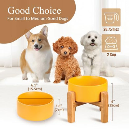 Ceramic Elevated Raised Cat Bowl with Wood Stand No Spill Pet Food Water Feeder Cats Small Dogs - color: Yellow, size: Medium