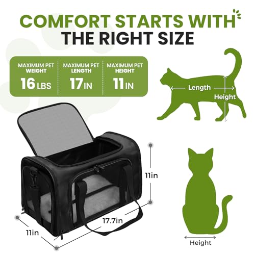 Soft-Sided Cat Carrier Expandable Pet Carrier Airline Approved Mesh Travel Carrier Up to 15lbs for Cats Small Dogs Collapsible Escape-Proof with Shoulder Strap Washable (18x11x11 Black) - color: Black, size: 11.0"L x 11.0"W x 18.0"H