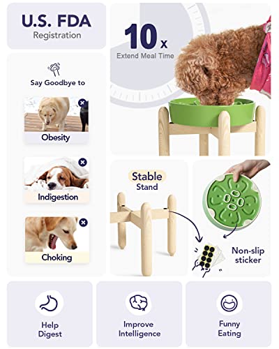 LE TAUCI Ceramic Slow Feeder Dog Bowls Elevated for Small and Medium Breed, Dog Bowls with Wooden Stand, 1.5 Cups Pet Dishes to Slow Down Eating, Anti-Gulping Pet Feeding Dishes, Clover Green - color: Clover Green+Stand, size: M-1.5 Cups