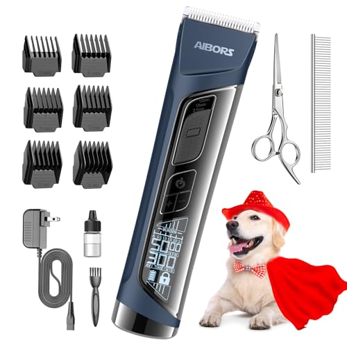 Dog Clippers for Grooming, 5 Speed & Self-Sharpening Blade, Cordless Low Noise Rechargeable 2600mAh 5H Runtime, LCD Display, 6 Guide Combs for Dogs Cats(Blue) - color: Blue