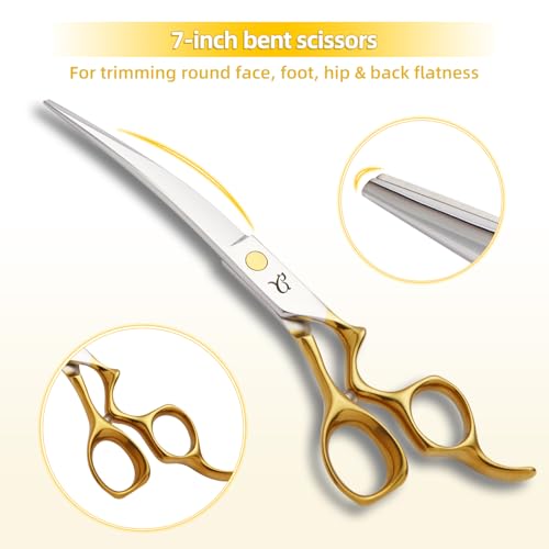Dog Grooming Scissors,Curved Chunkers Shears Deg Grooming with Safety Round Tips, Sharp and Comfortable 4 in 1 Dog Scissers for Grooming