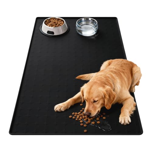 Extra Large 34x22 Inch Machine Washable Silicone Pet Food Mat - Waterproof Dog & Cat Bowl Mat with Raised Edge, Non-Slip Floor Protector for Large Dogs, Multi-Pet Homes (Black) - color: black, size: 34*22