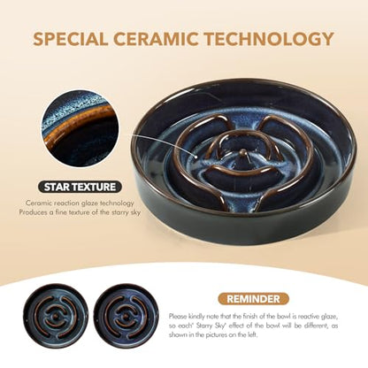 Havniva 1.6 Cup Elevated Slow Feeder Dog Bowls, 8.2” Dog Slow Feeding Bowls + 7.3” Ceramic Dog Water Bowls Set with Acacia Wood Stand Dog Food Bowls Puzzle Feeder for Medium Dogs Non-Slip Anti-choking - color: 2 x Starry Sky + Stand - A, size: L- 8.2inch