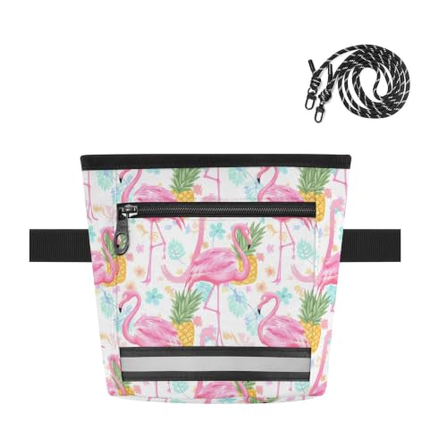 Flamingos Water-Resistant Dog Treat Pouch, 3 Ways to Wear Treat Bag with Magnetic Closure & Reflective Strip, Hands-Free for Pet Training, Walking