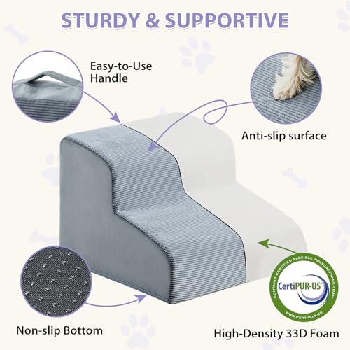 LEXTRO Dog Stairs for Small Dogs, 2-Steps Dog Ramp for Couch, Pet Stairs with Highly Supportive Foam and Non-Slip Bottom, Pet Steps for Cat & Doggie (High 11.8 Inch)