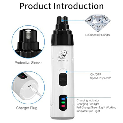 Electric Dog Nail Grinder - USB Rechargeable Electric Nail Trimmer with 3 Diamond Grinding Heads for Small to Large Dogs & Cats