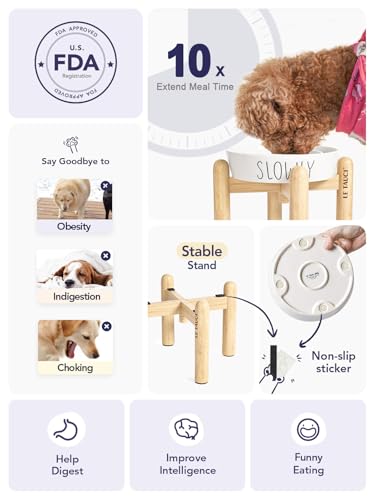 LE TAUCI PET Ceramic Slow Feeder Dog Bowls Elevated for Small and Medium Breed with Wooden Stand, 1.5 Cups Dog Dishes to Slow Down Eating, Anti-Gulping Pet Feeding Dishes,White - color: White+Stand, size: M-1.5 Cups