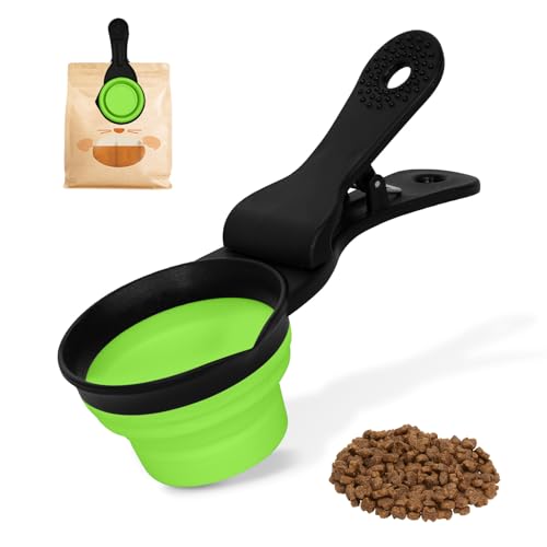 Collapsible Dog Food Scoop Foldable Pet Food Bag Clip 3 in 1 Multi-function Silicone Cat Food Measuring Cup Scoop Dog Food Scooper Pet Food Storage Clip (Green, 1/2 Cup Capacity(1 Pack)) - color: Green, size: 1/2 Cup Capacity(1 Pack)