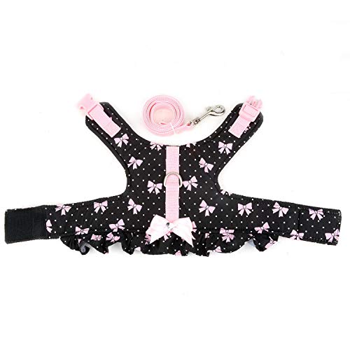 Zunea No Pull Small Dog Girl Harness Dress Escape Proof Cat Kitten Vest Harness Leash Set Step-in Soft Cotton Padded Polka Dot Jacket Chihuahua Puppy Clothes with Cute Bow for Walking Black S - color: black bows, size: S (Chest:14.5-15.7", Neck:9-9.8")