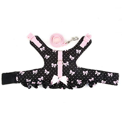 Zunea No Pull Small Dog Girl Harness Dress Escape Proof Cat Kitten Vest Harness Leash Set Step-in Soft Cotton Padded Polka Dot Jacket Chihuahua Puppy Clothes with Cute Bow for Walking Black S - color: black bows, size: S (Chest:14.5-15.7", Neck:9-9.8")