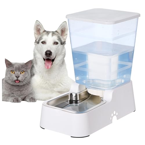 Automatic 5.4L/1.4Gal Pet Waterer, Pet Automatic Dog Water Dispenser Gravity Stainless Steel Water Feeder, Large Capacity Feeding Bowls for Cats and Medium & Large-Sized Dogs (White, Water) - color: White, size: Water Only