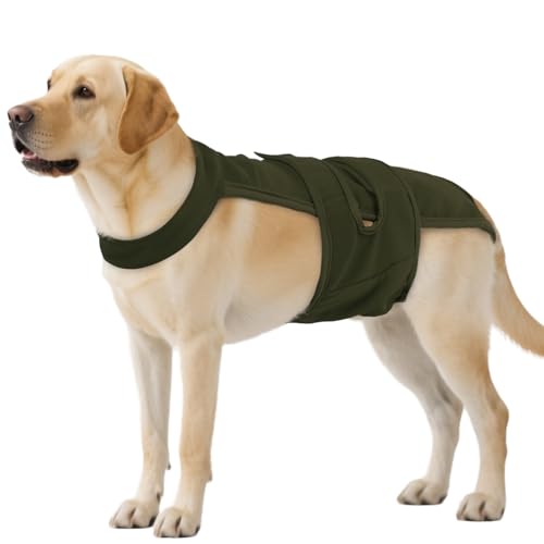 QBLEEV Female Dog Diapers with Adjustable Suspenders – Washable Sanitary Panties for Dogs in Heat or Incontinence, Escape-Proof Reusable Pet Period Underwear Onesie for Small to Large Breeds - color: ArmyGreen, size: L（Back Length:16.5"）