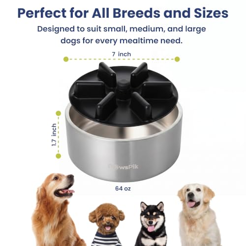 PawsPik 64oz 18/8 Stainless Steel Slow Feeder Dog Bowl, Double-Wall Non-Slip Metal Dog Bowl for Fast Eating Medium & Large Breeds, Detachable Slow Feeder Insert, Dishwasher Safe (Arctic Steel Silver) - color: Arctic Steel Silver