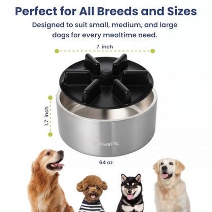 PawsPik 64oz 18/8 Stainless Steel Slow Feeder Dog Bowl, Double-Wall Non-Slip Metal Dog Bowl for Fast Eating Medium & Large Breeds, Detachable Slow Feeder Insert, Dishwasher Safe (Arctic Steel Silver) - color: Arctic Steel Silver