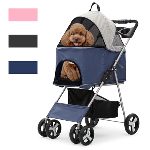 Magshion Foldable Pet Stroller, 3-in-1 Dog Travel Jogger with Detachable Carrier, Cup Holder, Storage Basket, Folding Carrier for Small/Medium Dogs & Cats Up to 33 lbs, Navy Blue - color: Navy Blue, style: Up to 33 lbs