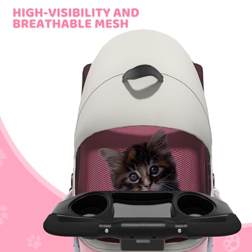 Magshion Foldable Pet Stroller, 3-in-1 Dog Travel Jogger with Detachable Carrier, Cup Holder, Storage Basket, Folding Carrier for Small/Medium Dogs & Cats Up to 33 lbs, Pink - color: Pink, style: Up to 33 lbs