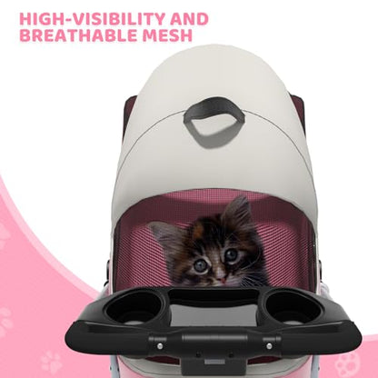 Magshion Foldable Pet Stroller, 3-in-1 Dog Travel Jogger with Detachable Carrier, Cup Holder, Storage Basket, Folding Carrier for Small/Medium Dogs & Cats Up to 33 lbs, Pink - color: Pink, style: Up to 33 lbs
