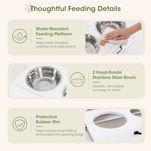 Dog Feeding Station with Storage Cabinet, White Wood Dog Cabinet with 2 Elevated Stainless Steel Bowls, Hidden Pull-Out Feeder Drawer, Pet Feeding Station for Kitchen and Living Room - color: White