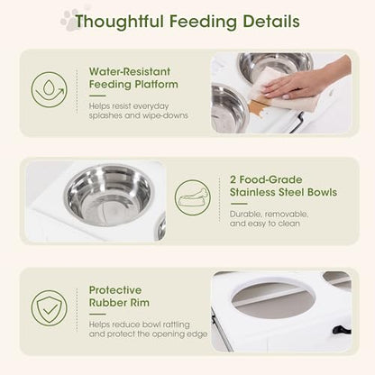 Dog Feeding Station with Storage Cabinet, White Wood Dog Cabinet with 2 Elevated Stainless Steel Bowls, Hidden Pull-Out Feeder Drawer, Pet Feeding Station for Kitchen and Living Room - color: White