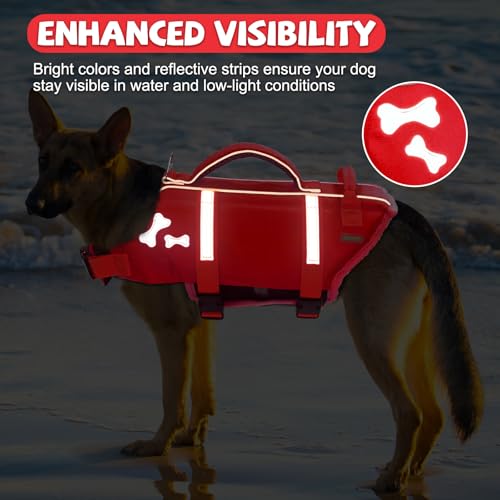 EMUST Dog Life Vests, Adjustable XS Dog Life Jacket with Rescue Handle, Puppy Flotation Vest for Small/Medium/Large Dogs, XS, Red - color: NewRed, size: XS