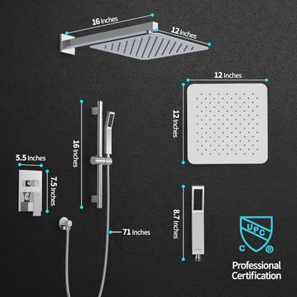 SR SUN RISE 12 Inch Slide Bar Shower System, Square Rain Shower Head and Handheld Spray, Wall Mounted Shower Faucets Sets Complete Included Valve and Shower Trim Kit, Polished Chrome - color: Polished Chrome, style: 12"