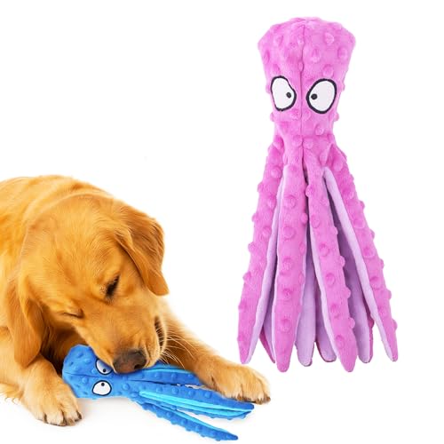 Vila Octopus Dog Plush Toy, No-Stuffing Body with Crinkle Tentacles and Squeaker Head, Soft Polyester for Light to Moderate Chewers, Washable and Durable Pet Companion, Blue & Purple, 2 Pcs. per Pack