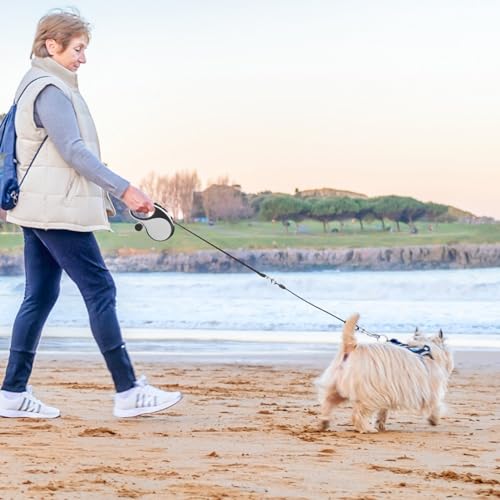 SCENEREAL Retractable Dog Leash for Small Medium Large Dogs up to 110lbs, 26ft 360° Tangle-Free Nylon Tape with Anti-Chewing Wire Rope&Waste Bag Dispenser, Heavy Duty Long Durable One-Handed Brake - color: Chew Proof (Black & White /26ft)