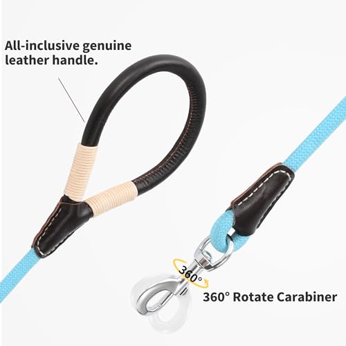 Mile High Life Dog Leash, Rope Leash with Genuine Leather Handle and Heavy Duty Metal Clasp, Great for Small Medium Large Dogs (Blue, 4FT) - color: Leather Handle-Blue, size: 48 Inch-1/2"