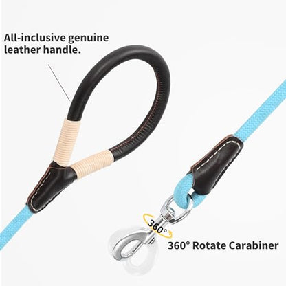 Mile High Life Dog Leash, Rope Leash with Genuine Leather Handle and Heavy Duty Metal Clasp, Great for Small Medium Large Dogs (Blue, 4FT) - color: Leather Handle-Blue, size: 48 Inch-1/2"