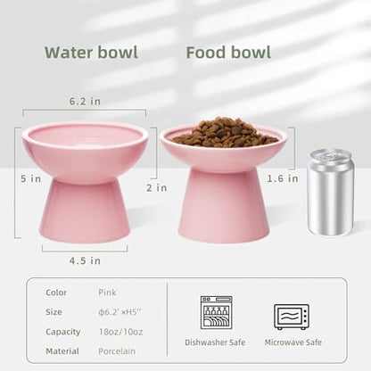 CEEFU 2 Elevated Cat Bowls Extra Wide for Food & Water – Whisker Fatigue, Ceramic Wide Shallow Food Dish, Lead & Cadmium Free, Raised Height for Cats, Pink - color: Pink