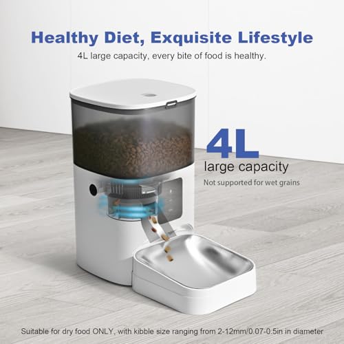 ANDOLL HOME 2.4G Automatic Cat Feeder, 4L WiFi Food Dispenser with 10s Voice Recorder, Pet Feeder up to 10 Meals per Day, Timed Cat Feeder with Dry Food Sealed Ring - color: Frosted White
