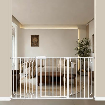 WAOWAO Baby Gate 146-157.9cm(57-62인치) 엑스트라 와이드 압력 장착 워크 스루 스윙 자동 닫힘 안전 화이트 메탈 유아 어린이 개 애완동물 강아지 계단, 출입구, 주방용 - color: 화이트., size: 57.48-62.20"/146-158cm