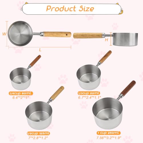4 Packs Dog Food Scoop Measuring Cup with Wooden Handle, Stainless Steel Pet Food Scoop Dog Food Measuring Cup for Dogs Cats Birds and Rabbits, 1 Cup, 1/2 Cup, 1/3 Cup and 1/4 Cup 4 Packs